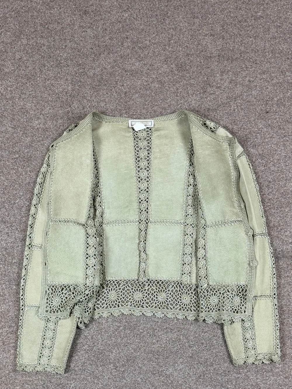 Vintage Sage Green Suede Leather Patchwork Crochet Cardigan Jacket Women’s Large